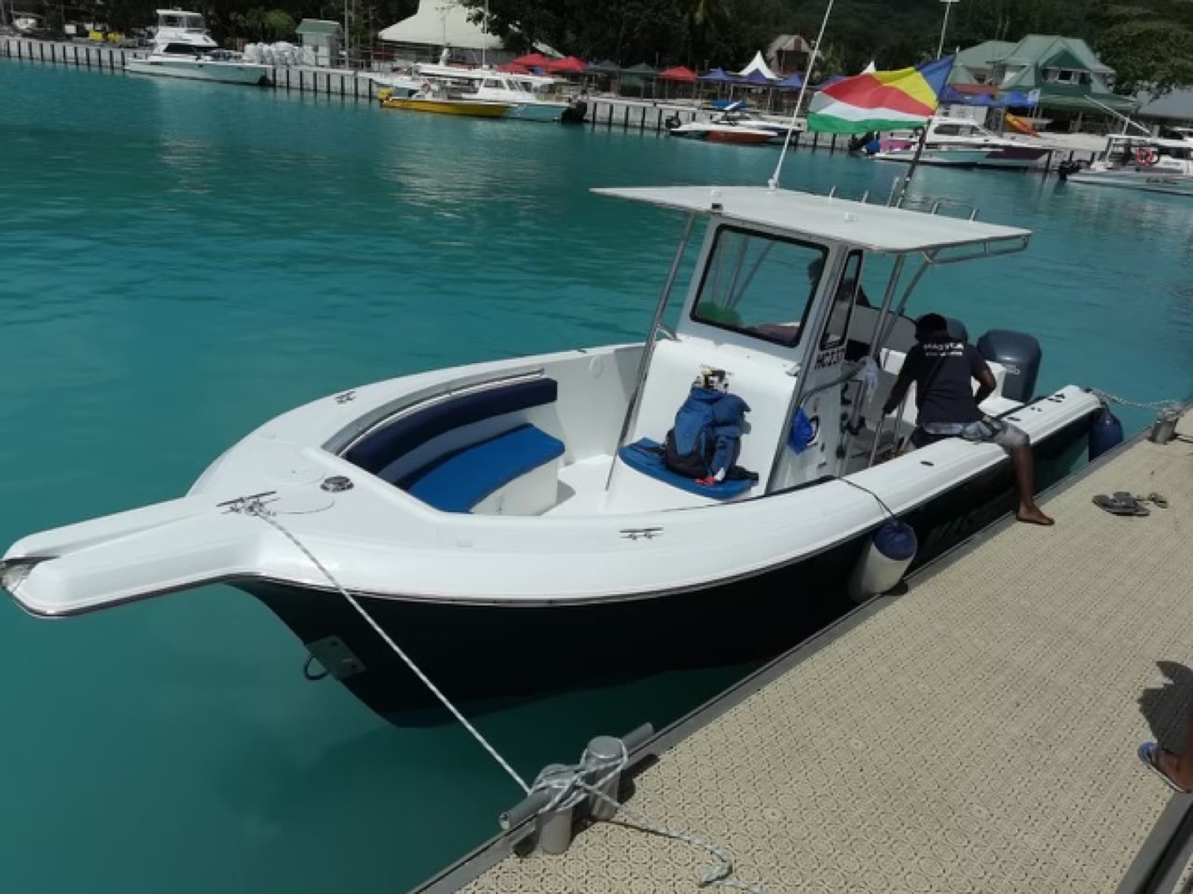The Master Boat moored at La Digue marina, Seychelles